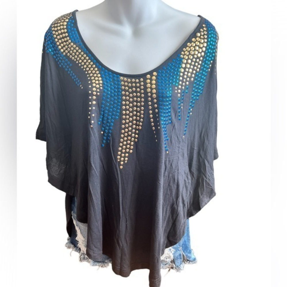 Free People Navy Embellished‎ Blouse L